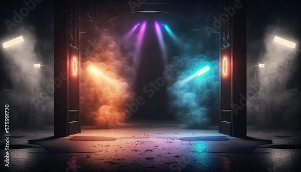 Fototapeta rainbow, spectrum,  spotlights shine on stage floor in dark room, idea for background, backdrop Generative Ai	
