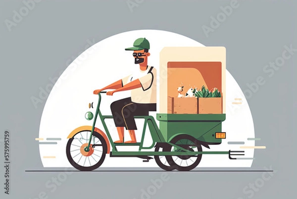 Fototapeta Man riding a cargo bike - illustration created with Generative AI technology