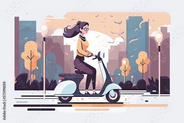 Fototapeta Young woman riding a scooter - illustration created with Generative AI technology