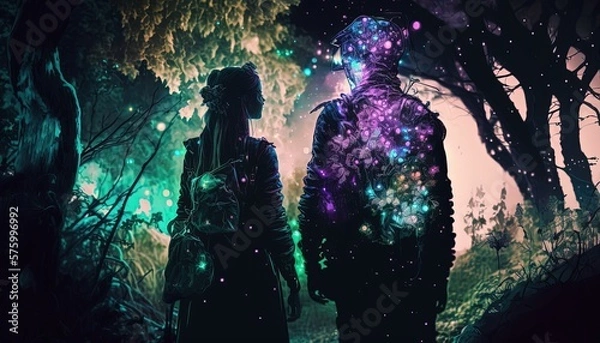Obraz beautiful elven couple togetherness moment, affectionate eye contact , enchanted forest at night time with romantic atmosphere, Generative Ai