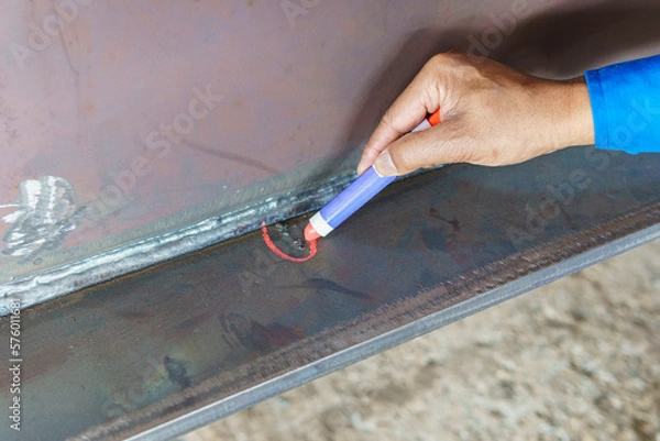 Fototapeta Visual Inspection (VI) or Visual Testing (VT), Marking Defects on Welded with Solid Marker.