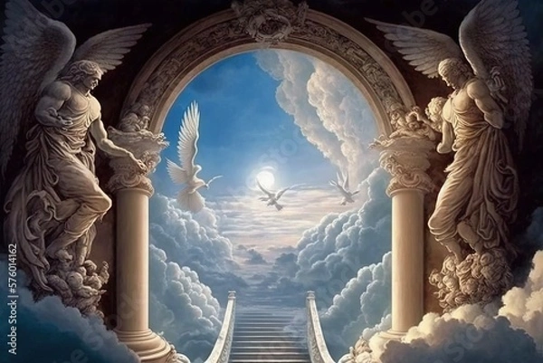 Obraz The gates of heaven. Concept: Christian religious belief of going to heaven when you pass way. Generative ai	
