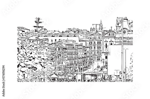 Fototapeta Building view with landmark of Porto is a coastal city in northwest Portugal. Hand drawn sketch illustration in vector.