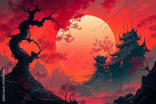 Fototapeta Halloween background with castle and moon in red color effect. Generative AI.