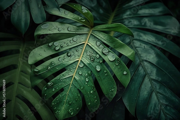 Fototapeta Foliage of tropical leaf in dark green with rain water drop on texture, abstract pattern nature background. Generative AI.