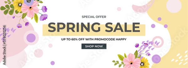 Obraz Spring sale, hello spring banner with vivid bright flowers and abstract shapes for template, banner, flyer, poster, invitation, brochure design. Vector illustration