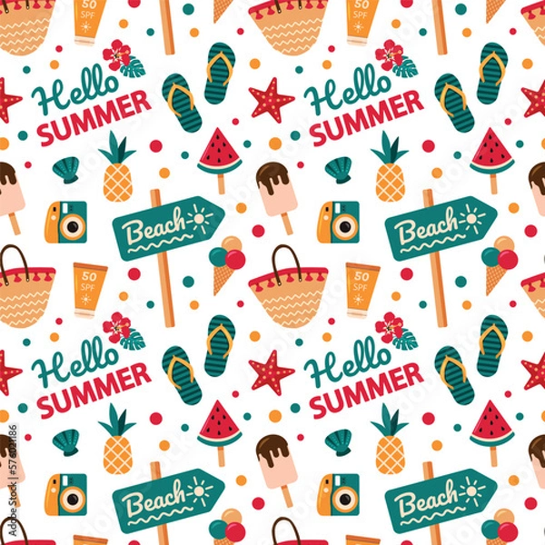 Fototapeta Vector seamless pattern with beach features. Summer pattern with a beach bag, sunscreen, slates, ice cream, watermelon and pineapple