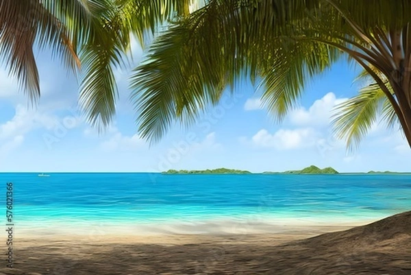 Fototapeta beautiful jungle beach lagoon view with palm trees and tropical leaves, can be used as background. Generative AI