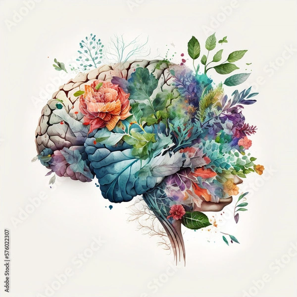 Fototapeta a human brain with flowers, plants and leaves, positive ideas and thoughts, generative ai illustration