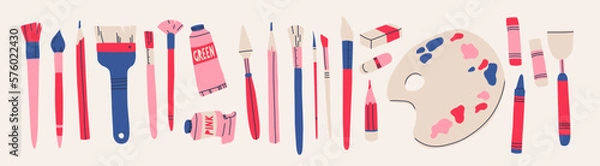 Fototapeta Big set with various drawing tools. Art supplies in pink and blue. Vector graphics for design.