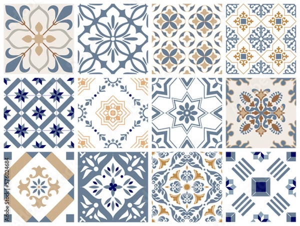 Obraz Traditional decorative color  portuguese set of seamless vector patterns. The tile is azulejo. Geometric patterns and backgrounds for your design. Vector illustration.