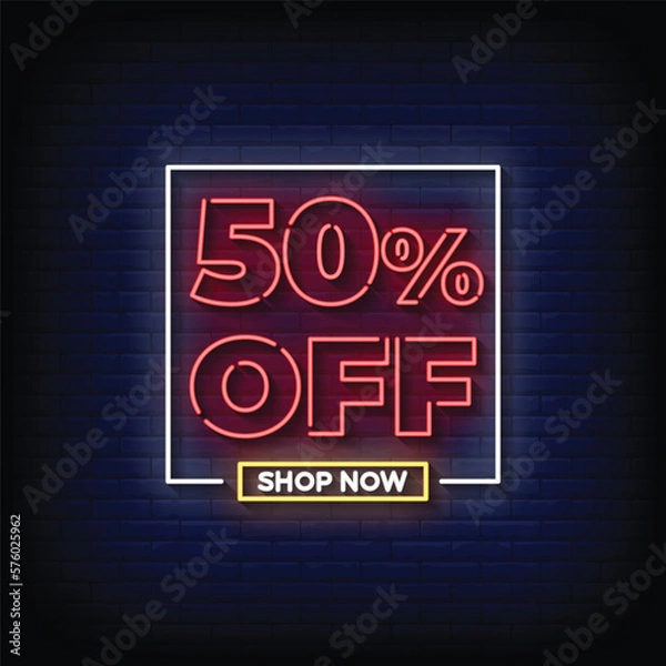 Obraz Neon Sign 50% shop now with brick wall background vector