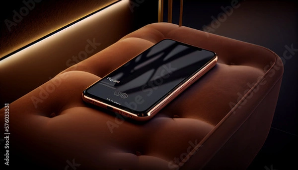 Obraz A luxurious image of a phone mockup without a hand, featuring a rose gold iPhone on a plush velvet surface with dramatic lighting.