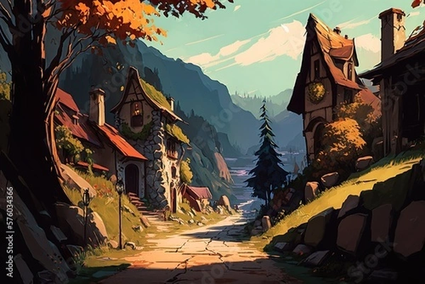 Fototapeta "Medieval Arcadia: A Vibrant Fantasy Landscape of Empty Streets, Enchanted Countryside, and Majestic Mountains AI Generated