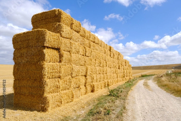 Fototapeta Large stack of hay bales in large field.