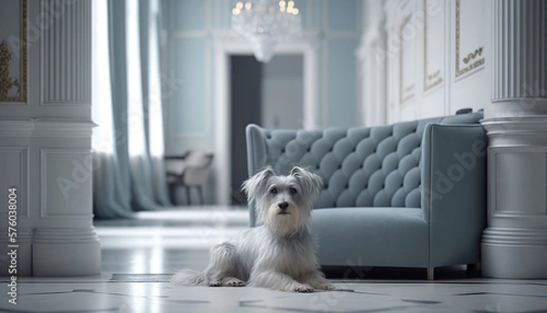 Fototapeta Adorable cute dog in beautiful luxurious palace interior, indoor background. AI generative image.