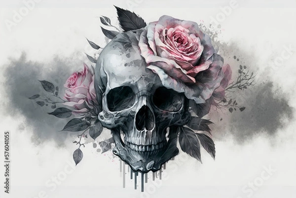 Obraz Skull with red roses, watercolor tattoo style, tattoo design skull, generative ai