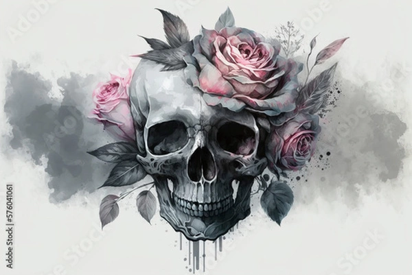 Fototapeta Skull with red roses, watercolor tattoo style, tattoo design skull, generative ai
