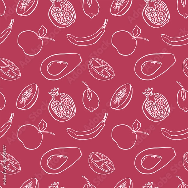 Fototapeta Contour fruits seamless pattern. Doodle fruits on colored background, minimalistic pattern.