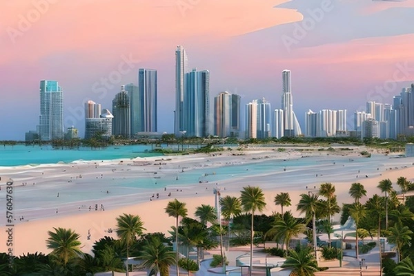 Fototapeta midjourney generated illustration by ai, miami beach scene in pastel colors. Generative AI