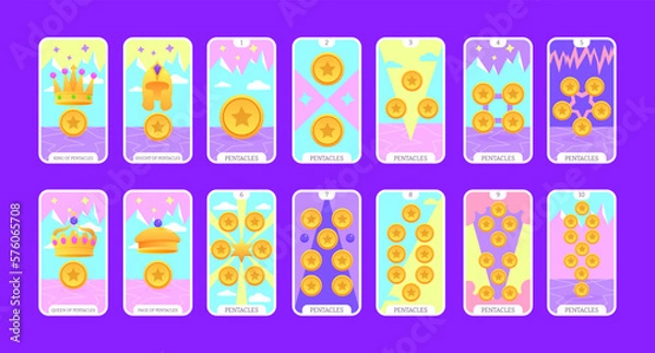 Fototapeta Tarot cards flat deck cartoon. Taro card minor arcanas suit of coins, occult vector game set. Full pentacle pack of spiritual signs Ace, King, Queen, Knight, Page, Two to Ten esoteric magic and