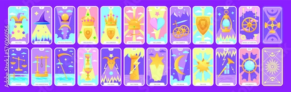 Fototapeta Tarot cards flat deck cartoon. Taro card major arcanas occult vector game set. Full pack of spiritual signs with esoteric magic and astrology symbols. Isolated colored graphic illustrations EPS