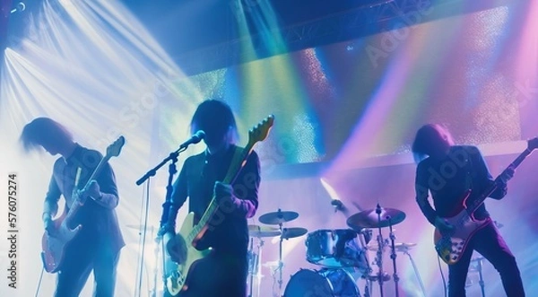 Obraz Music Concert lo-fi retro 80s and 90s background. Band playing, guitar and instruments. Psychic Waves, nostalgia, vintage. Vaporwave, synthwave, chillwave. Wallpaper, template. Generative AI.