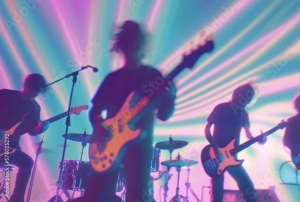 Fototapeta Music Concert lo-fi retro 80s and 90s background. Band playing, guitar and instruments. Psychic Waves, nostalgia, vintage. Vaporwave, synthwave, chillwave. Wallpaper, template. Generative AI.