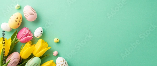 Obraz Easter decor concept. Top view photo of bouquet of yellow and pink tulips and colorful easter eggs on isolated turquoise background with blank space