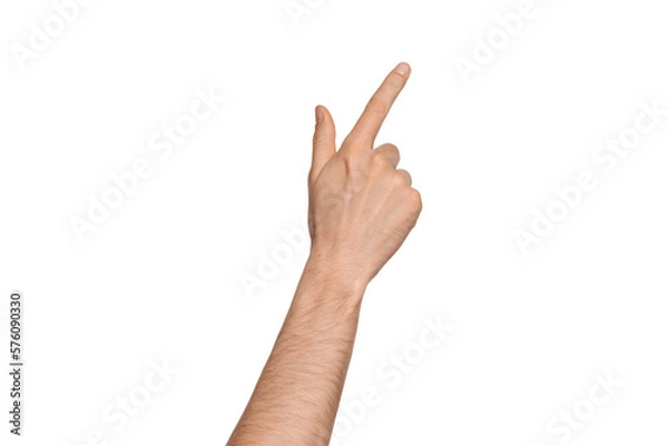 Fototapeta A man's hand points the direction with his finger. Points diagonally to the side.  Index finger pressing something. Isolate on a white background.