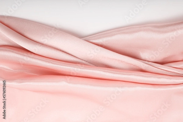Fototapeta Pink nacre wave fabric silk. Abstract texture horizontal copy space background.