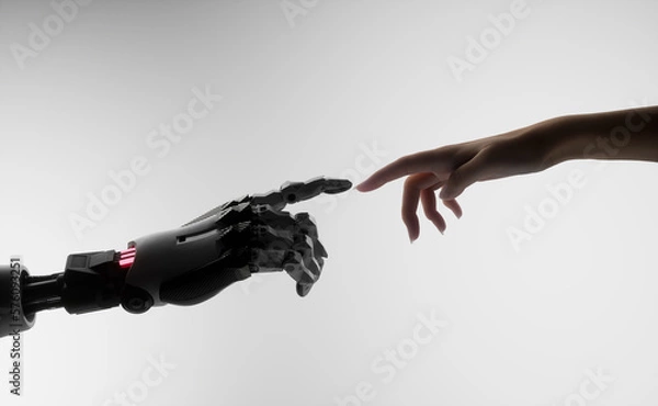 Fototapeta Silhouette of female hand touching the hand of a robot against white background 