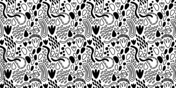Fototapeta Vector seamless pattern. Abstract repetitive ornament for surface design, printing on paper and fabric. Handdrawn waves, shapes, circles, flowers, leaves, branches. Background for social media post.
