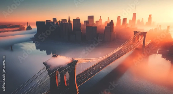 Fototapeta Brooklyn bridge on sunrise in fog, aerial view. Brooklyn Bridge in New York City skyline panorama in Morning mist haze. East River between boroughs of Manhattan Foggy. Ai Generative illustration