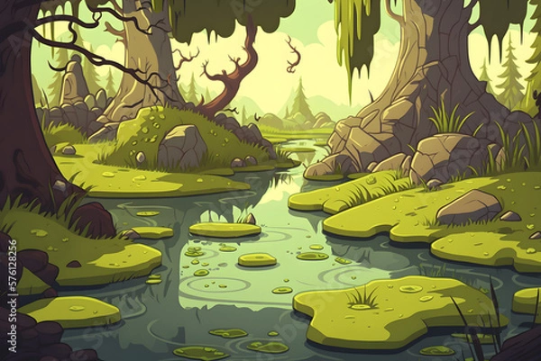 Fototapeta Cartoon swamp background. Made with Generative AI