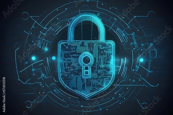 Obraz Wallpaper Illustration and background of cyber security data protection shield, with key lock security system, technology digital. Front view. Concept of database security software. Generative AI