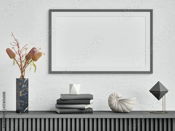 Obraz Mock up poster frame on white plaster wall with flowers in marble vase, books, geometric pots and big sea shell; landscape orientation; stylish frame mock up; 3d rendering, 3d illustration