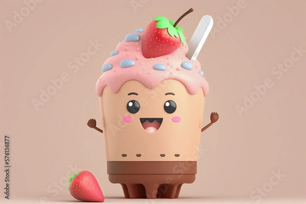 Fototapeta Whimsical cartoon pink strawberry and chocolate ice cream with sprinkles ,Generative AI