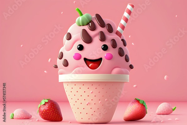 Fototapeta Cute cartoon pink strawberry and chocolate ice cream with sprinkles ,Generative AI
