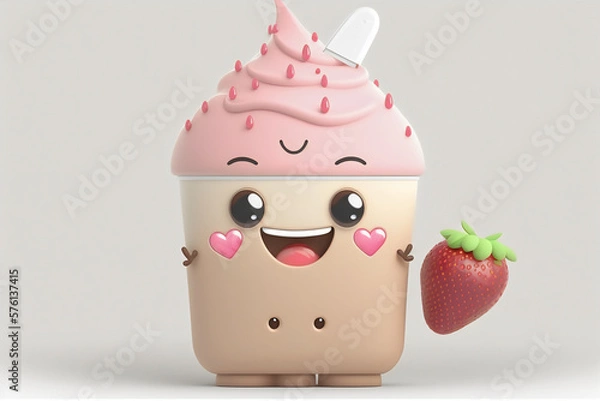 Fototapeta Cartoon pink strawberry and chocolate ice cream cone with sprinkles ,Generative AI