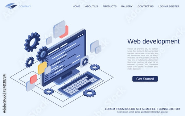 Obraz Web application development, website construction, program coding flat 3d isometric vector concept illustration