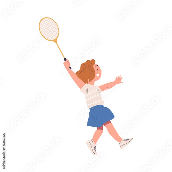Fototapeta Cute happy little girl playing tennis. Smiling child with racket training on court cartoon vector illustration