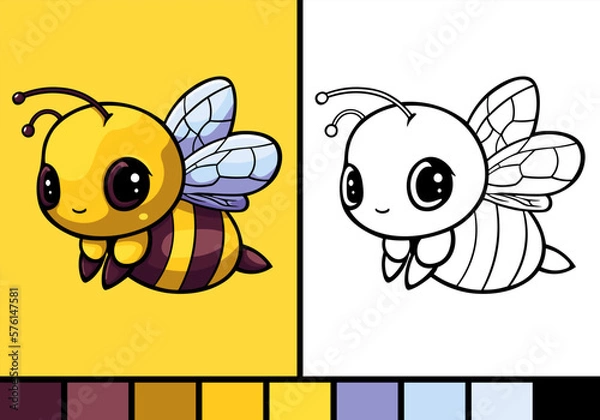 Obraz Cute bee cartoon illustration in coloring page style insect