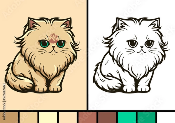 Obraz Cute persian cat cartoon illustration in coloring page style baby pet animal