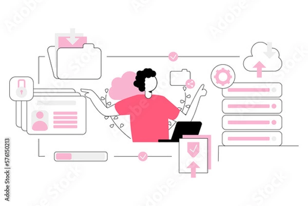 Fototapeta one person controlled database security abstract concept vector illustration with attractive colors. 
Cloud storage, secure file sharing, automatic backup, file hosting, data recovery.