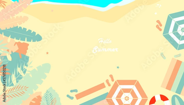 Fototapeta Bohemian Summer, latest modern summer sale background with catchy colors and banner design, 
beach sand, umbrellas, coconut trees, flip flops, surfboards and beach mats