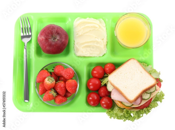 Fototapeta Serving tray of healthy food isolated on white, top view. School lunch