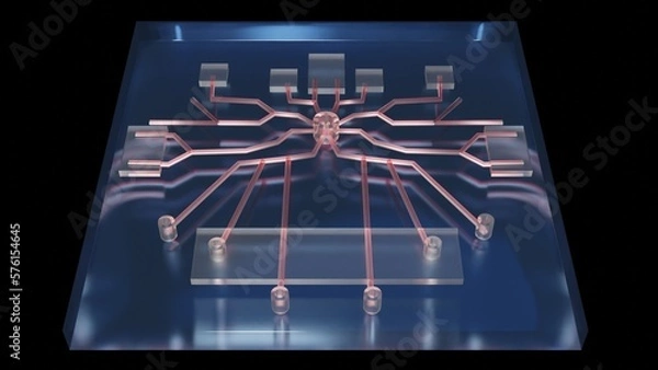 Fototapeta Microfluidic device chip for liquids, gases and nanoparticles. Network of micro-channels and chambers. Microfabrication. 3d render illustration concept.