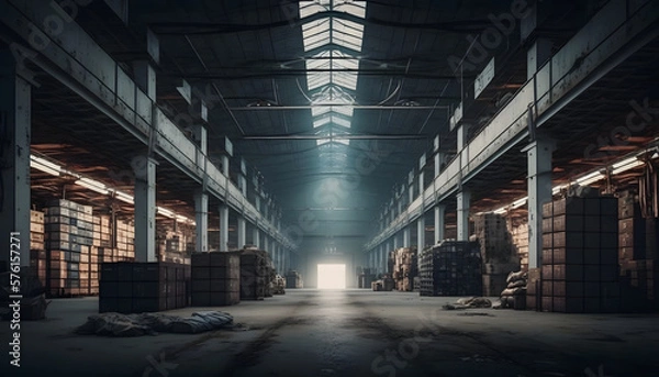 Fototapeta Huge distribution warehouse with high shelves and loaders. Bottom view