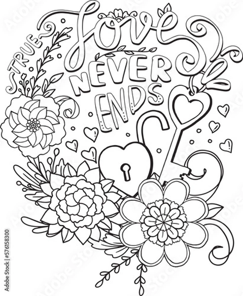 Fototapeta True love never ends font with Heart lock and key and flower elements. Hand drawn with inspiration word. Doodles art for greeting card or Valentine's day. Coloring for adult and kids. Vector Illustrat